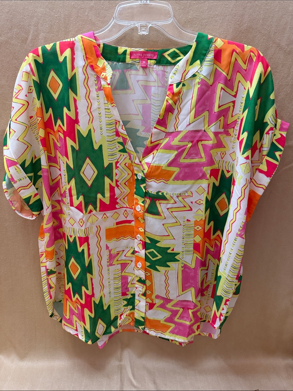 Flying Tomato Green-Pink-Orange Aztec Print Button Blouse